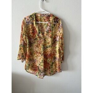 Women's Blouse Semi Sheer Tunic Bohemian Artsy Abstract Watercolor Size M